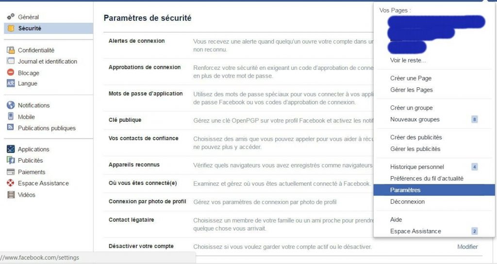 Champs sécurité dans Facebook